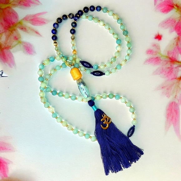 Amazonite & Lapis Gemstone Beads with Jade Buddha Guru 108 Bead Mala Necklace - Picture 1 of 10